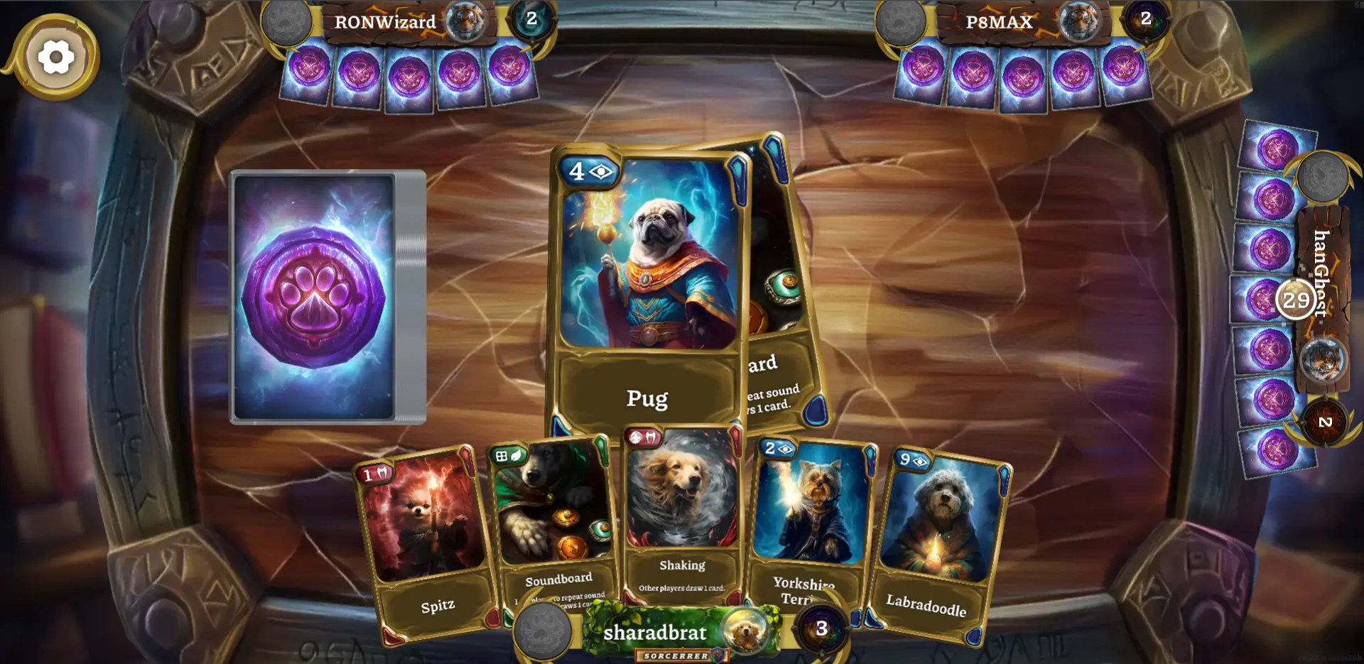 Screenshot of gameplay of Pawsome Elements card game in a different colourful arena